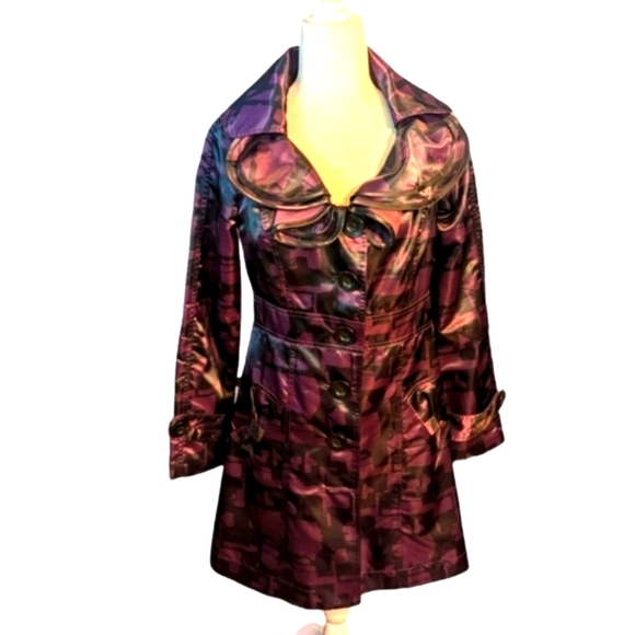 Nick & Mo Jackets & Blazers - Nick & Mo Anthropology purple/ black satin ruffle collar unique trenchcoat sz S